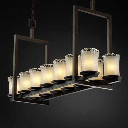 Justice Design Group GLA-8769 Dakota 14 Light Short Bridge Chandelier from the V, Dark Bronze with Whitewash Shades